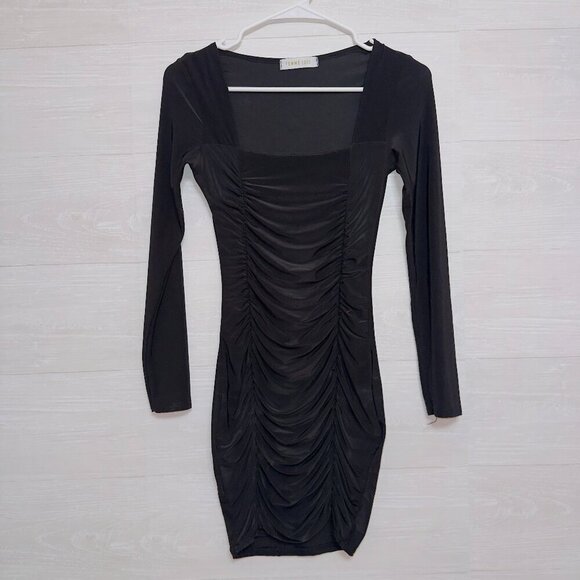 Femme Luxe Women's Black Long Sleeve Square Neck Ruched Front Mini Bodycon Dress - Picture 1 of 7